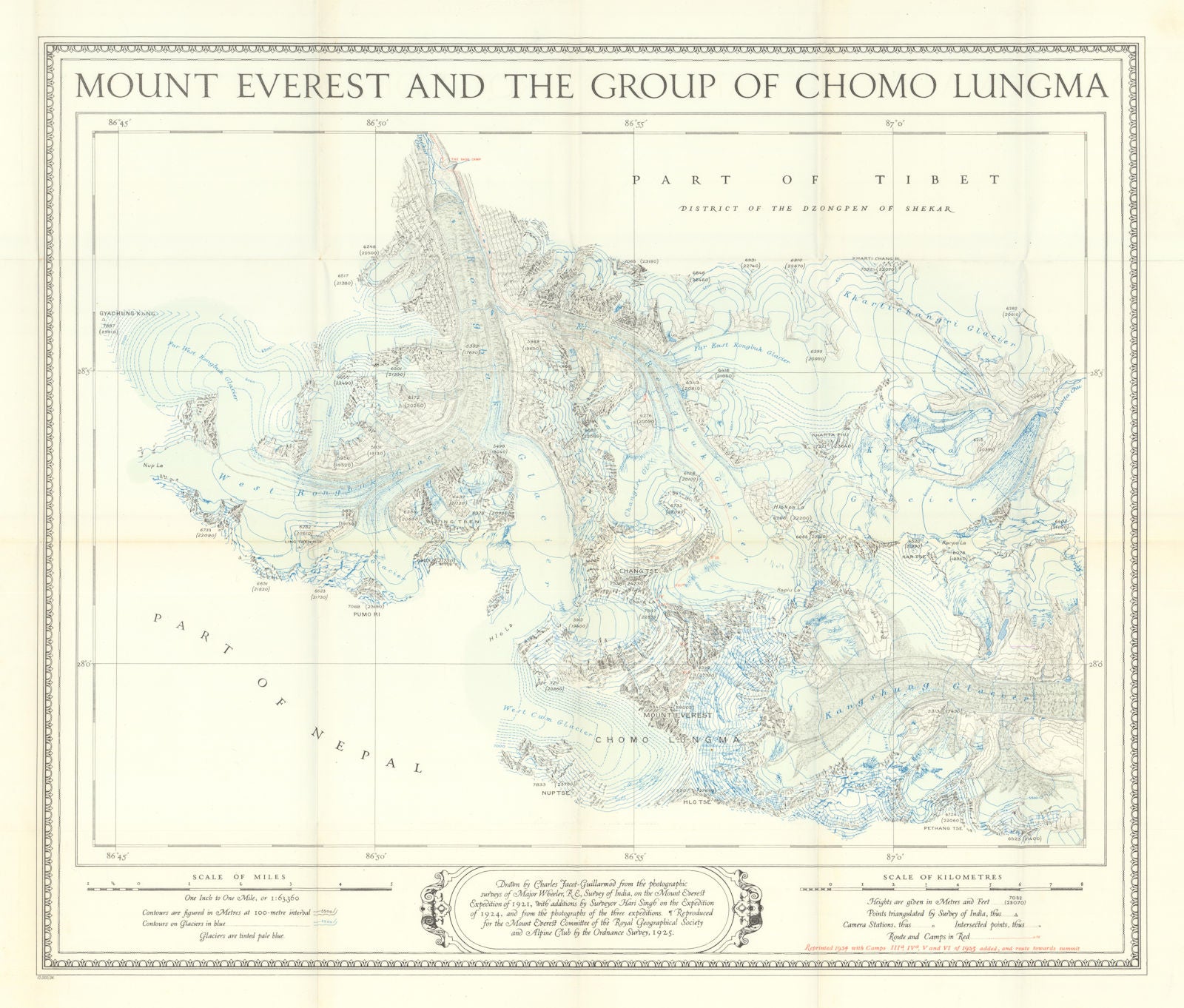 Mount Everest and the Group of Chomo Lungma. 1933 Expedition map 1934 old